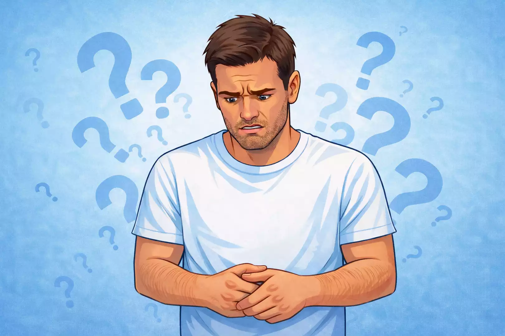 muž s otázkami modrý